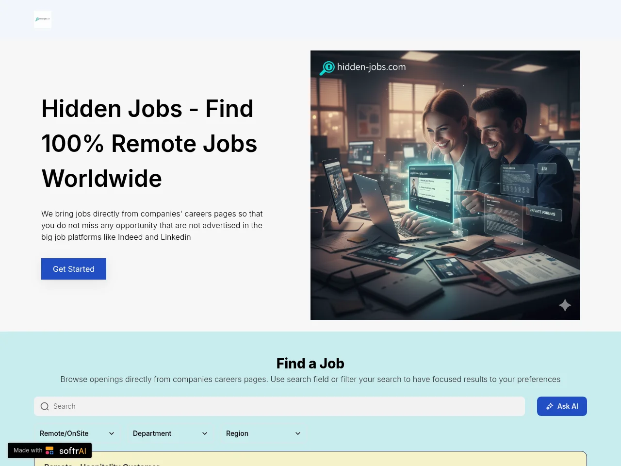 Hidden Jobs job board platform screenshot showing job search interface