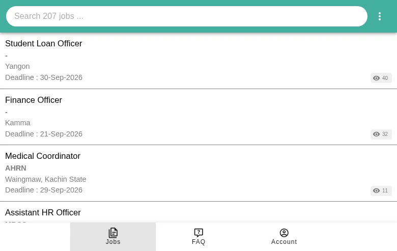 NGO Jobs in Myanmar job board platform screenshot showing job search interface