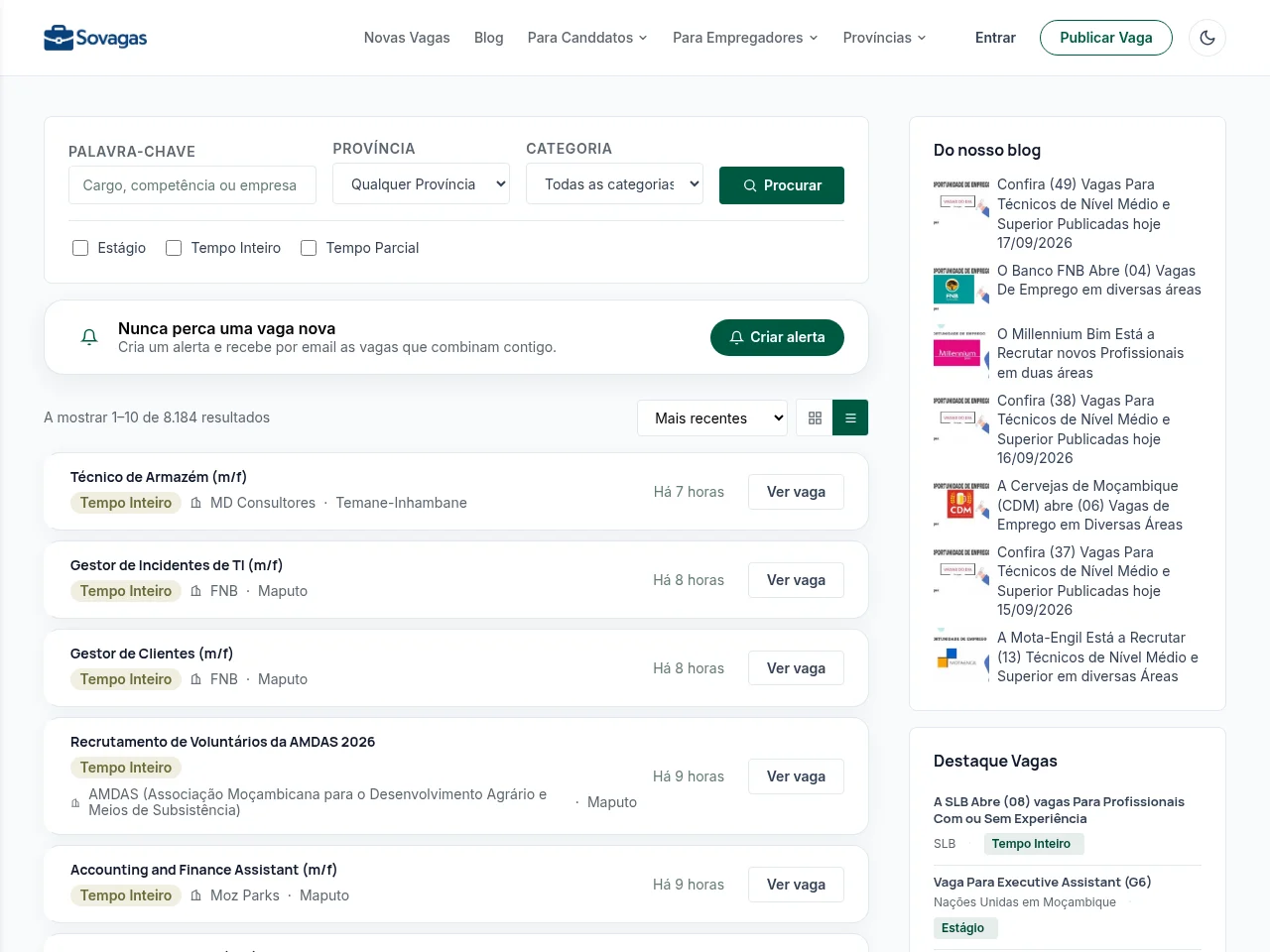 Sovagas job board platform screenshot showing job search interface