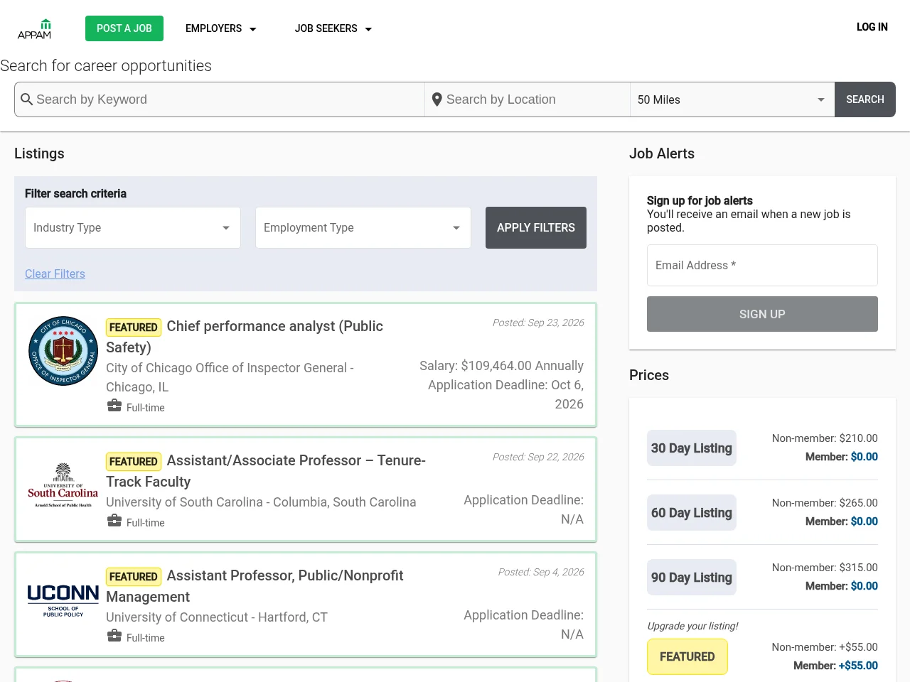 APPAM Career Connections screenshot APPAM Career Connections job board platform screenshot showing job search interface