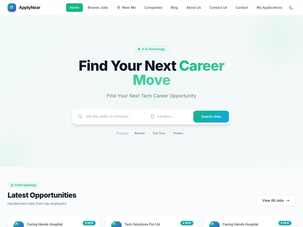ApplyNear job board platform screenshot showing job search interface