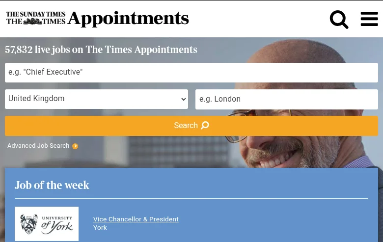 The Times Appointments job board platform screenshot showing job search interface