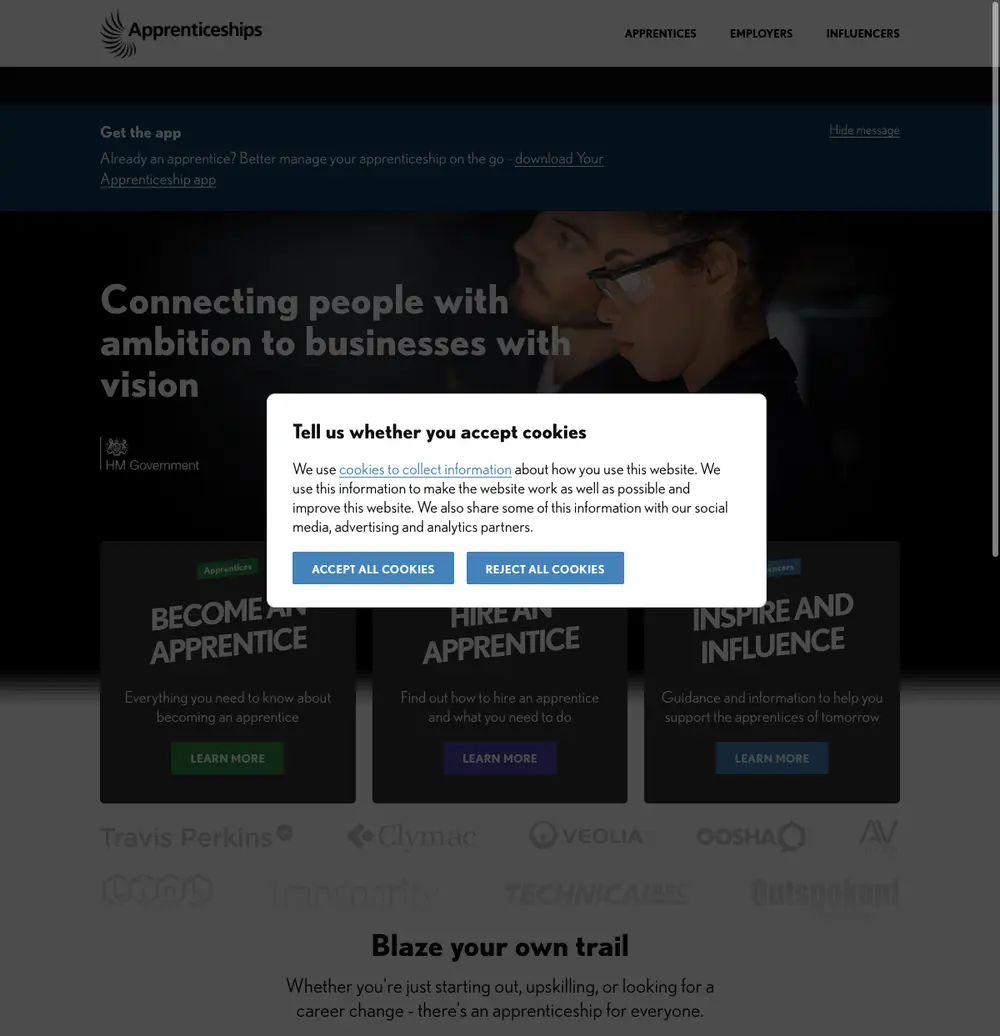 Apprenticeships.gov.uk job board platform screenshot showing job search interface