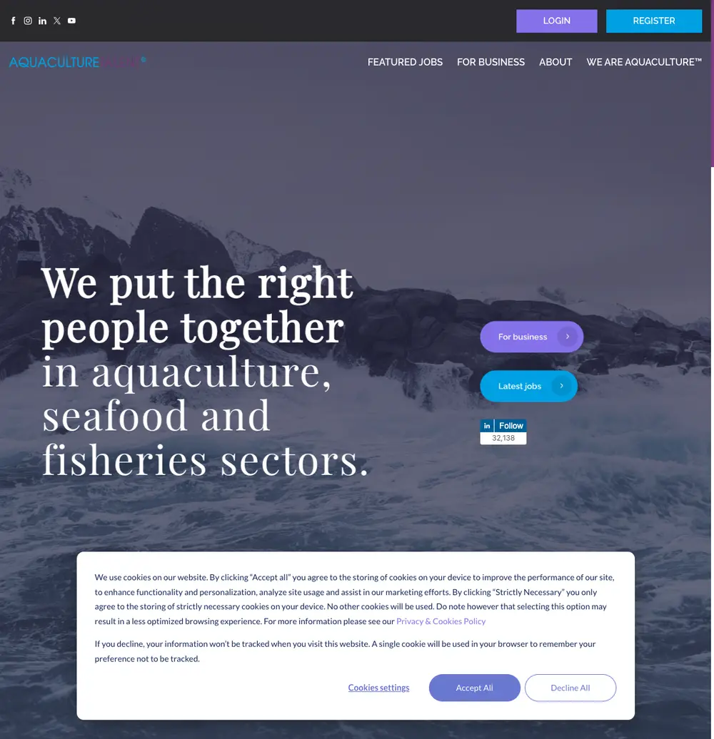 AquacultureTalent job board platform screenshot showing job search interface