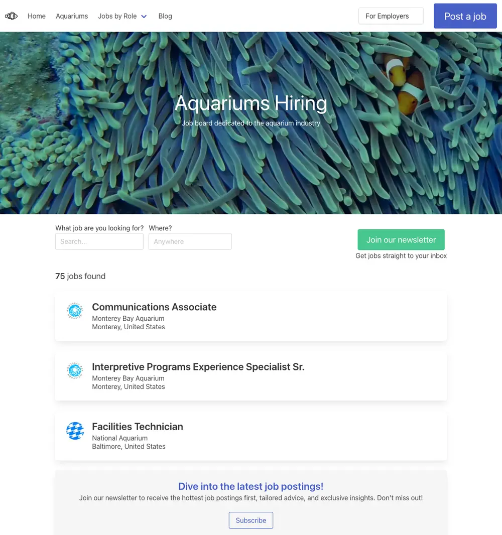 Aquariums Hiring job board platform screenshot showing job search interface
