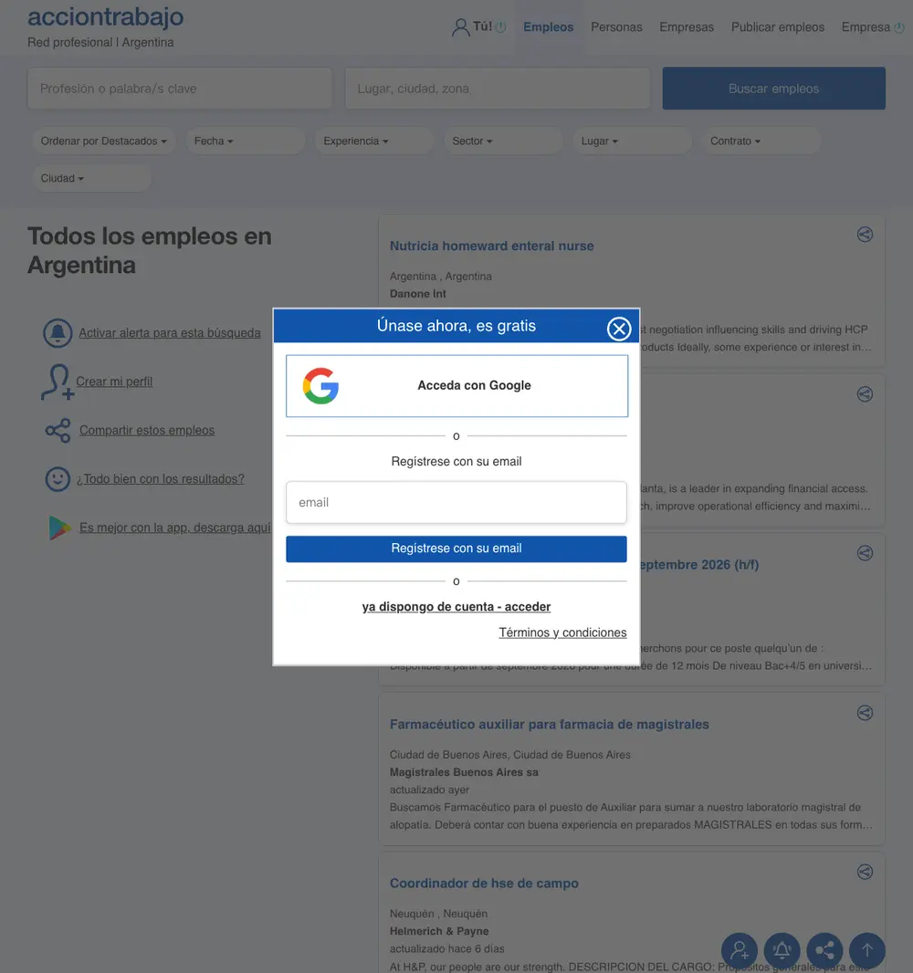 Acciontrabajo Argentina job board platform screenshot showing job search interface