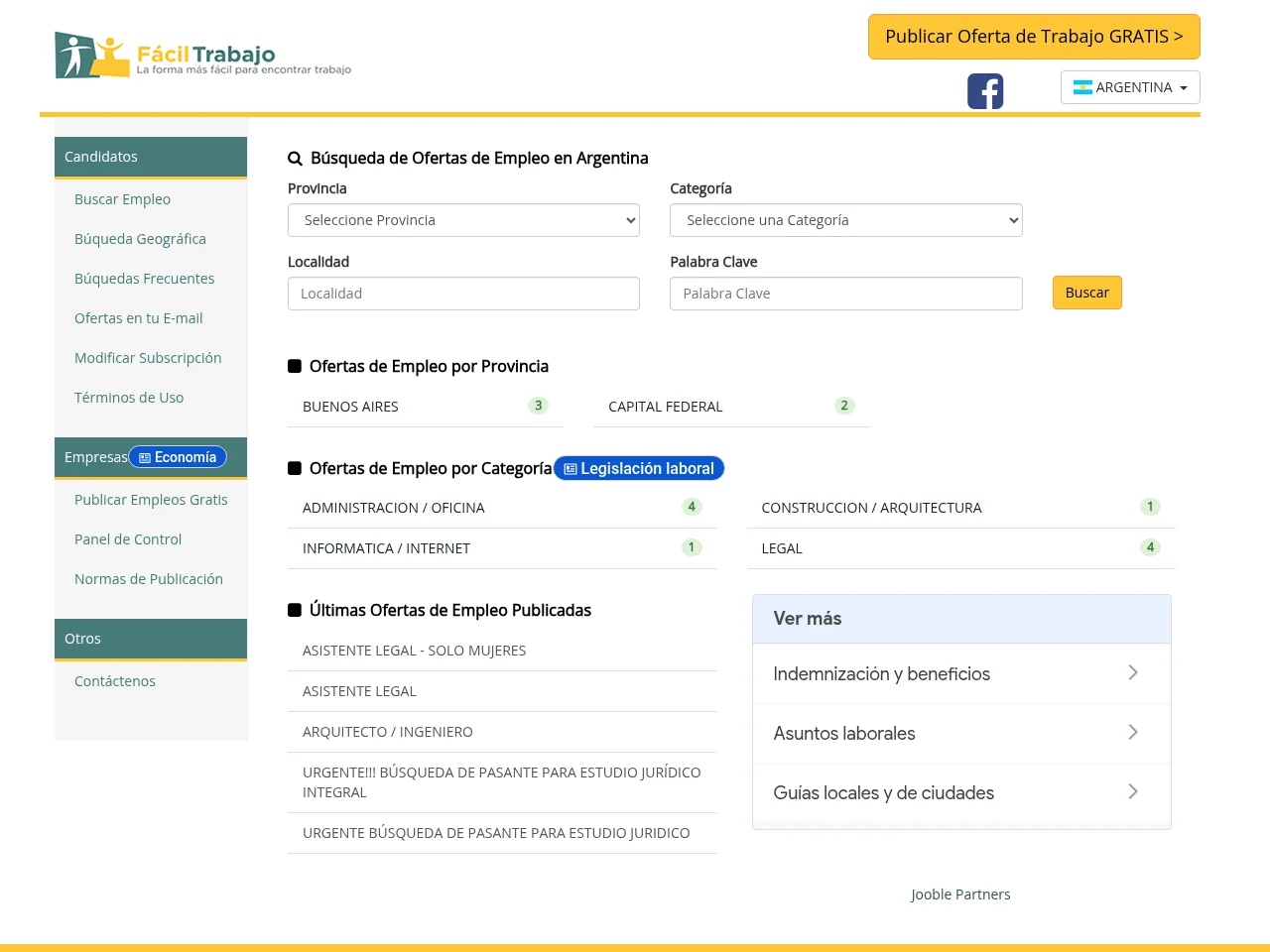 Facil Trabajo job board platform screenshot showing job search interface