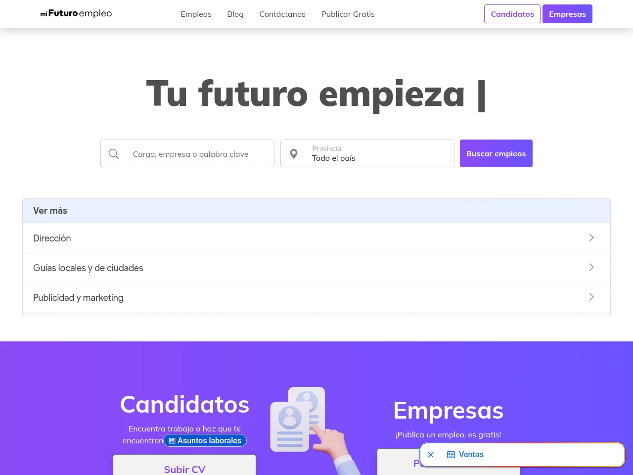 Mi Futuro Empleo job board platform screenshot showing job search interface