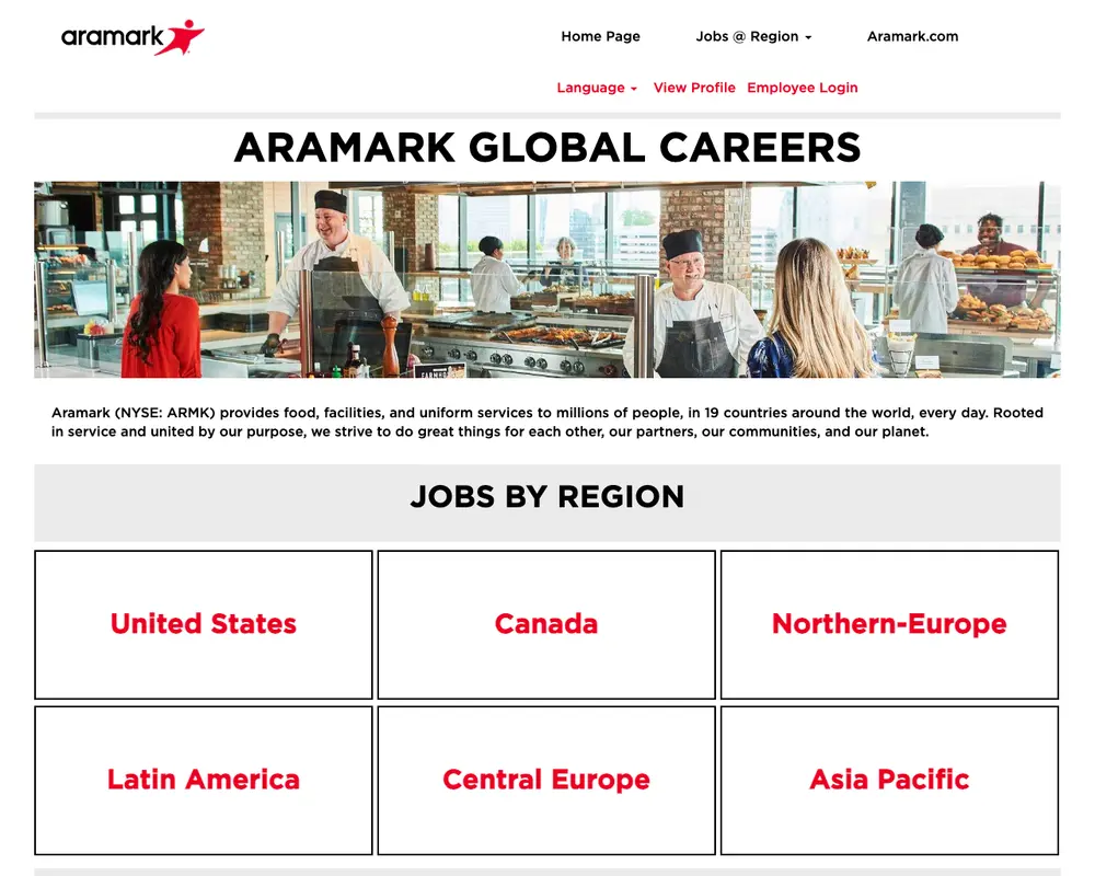 Aramark Careers job board platform screenshot showing job search interface