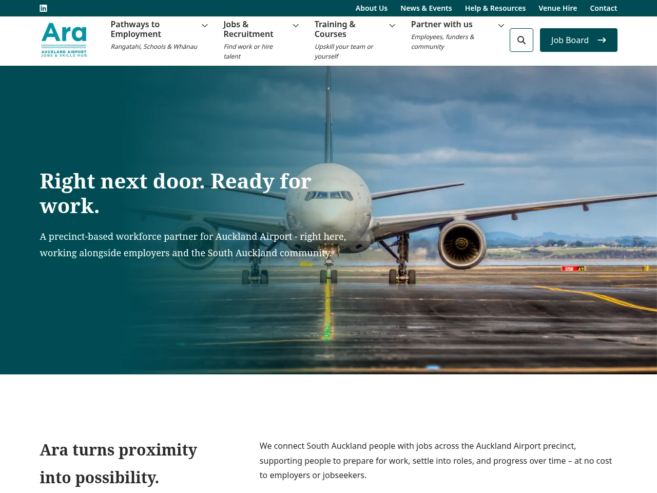 Ara Auckland Airport Jobs & Skills Hub job board platform screenshot showing job search interface