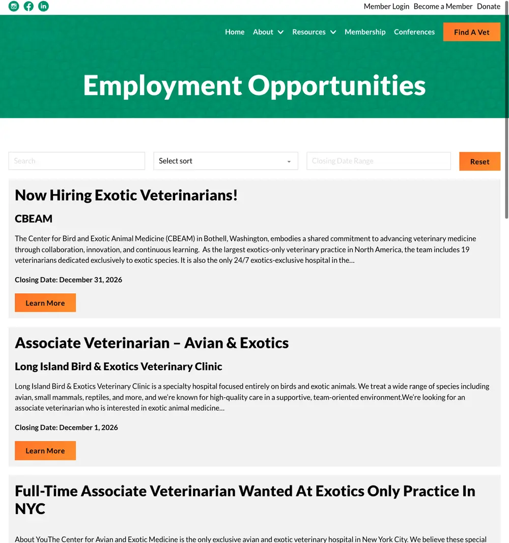 Association of Reptile and Amphibian Veterinarians job board platform screenshot showing job search interface
