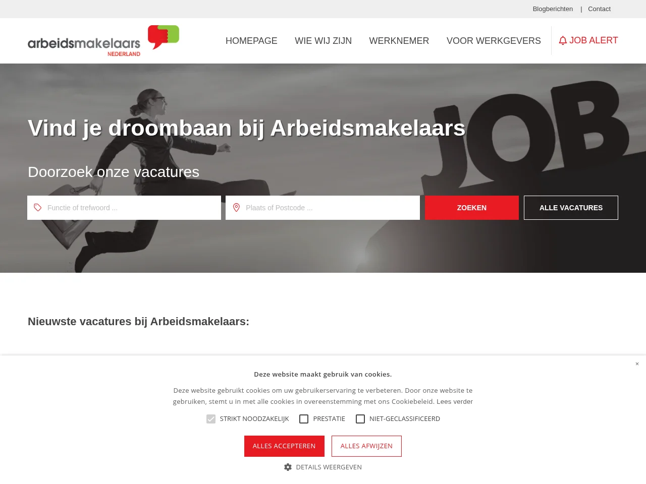 Arbeidsmakelaar job board platform screenshot showing job search interface