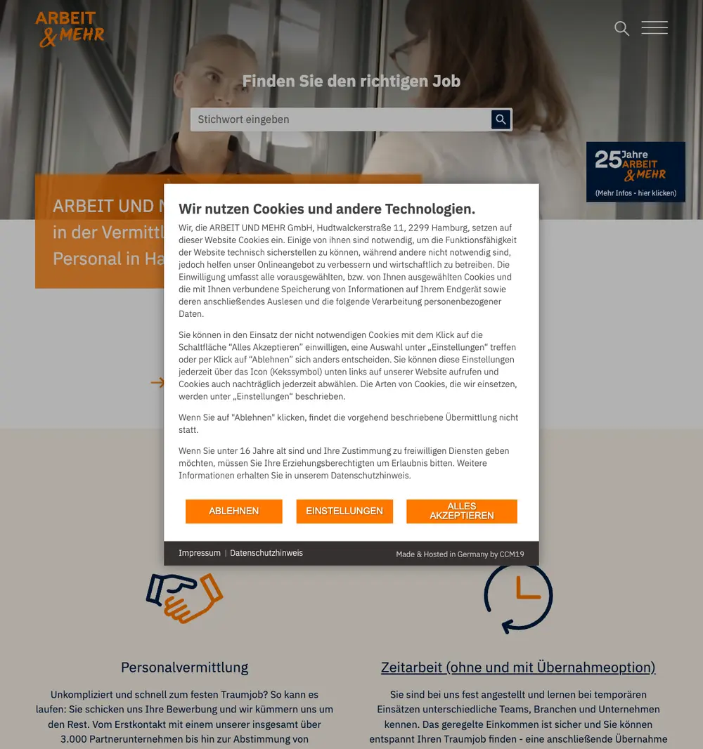 ARBEIT UND MEHR job board platform screenshot showing job search interface