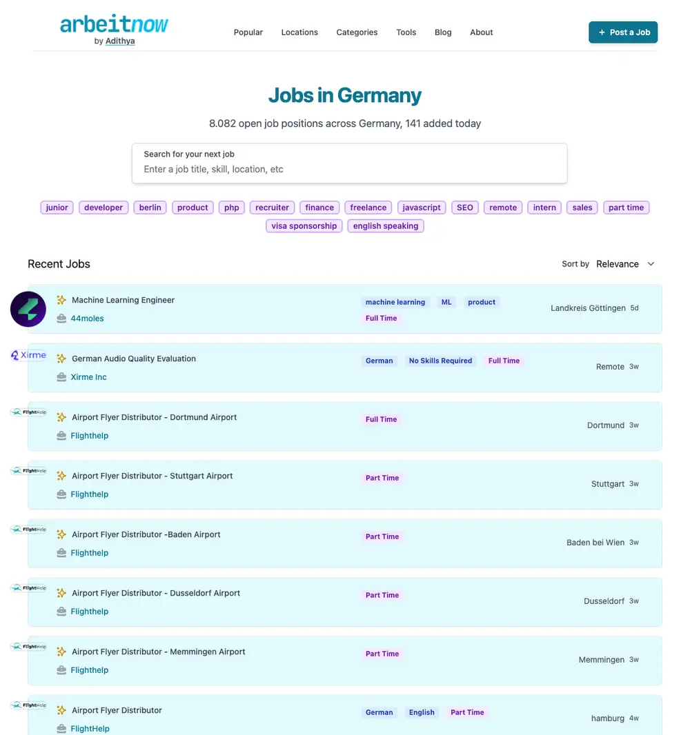 Arbeitnow job board platform screenshot showing job search interface