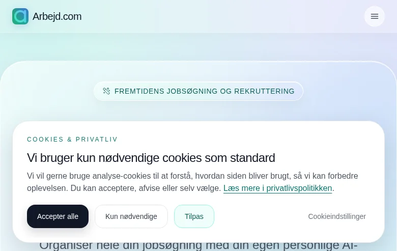 Arbejd.com job board platform screenshot showing job search interface