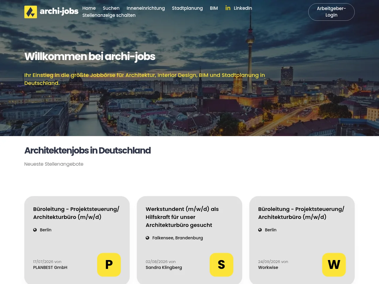 ARCHI-JOBS job board platform screenshot showing job search interface