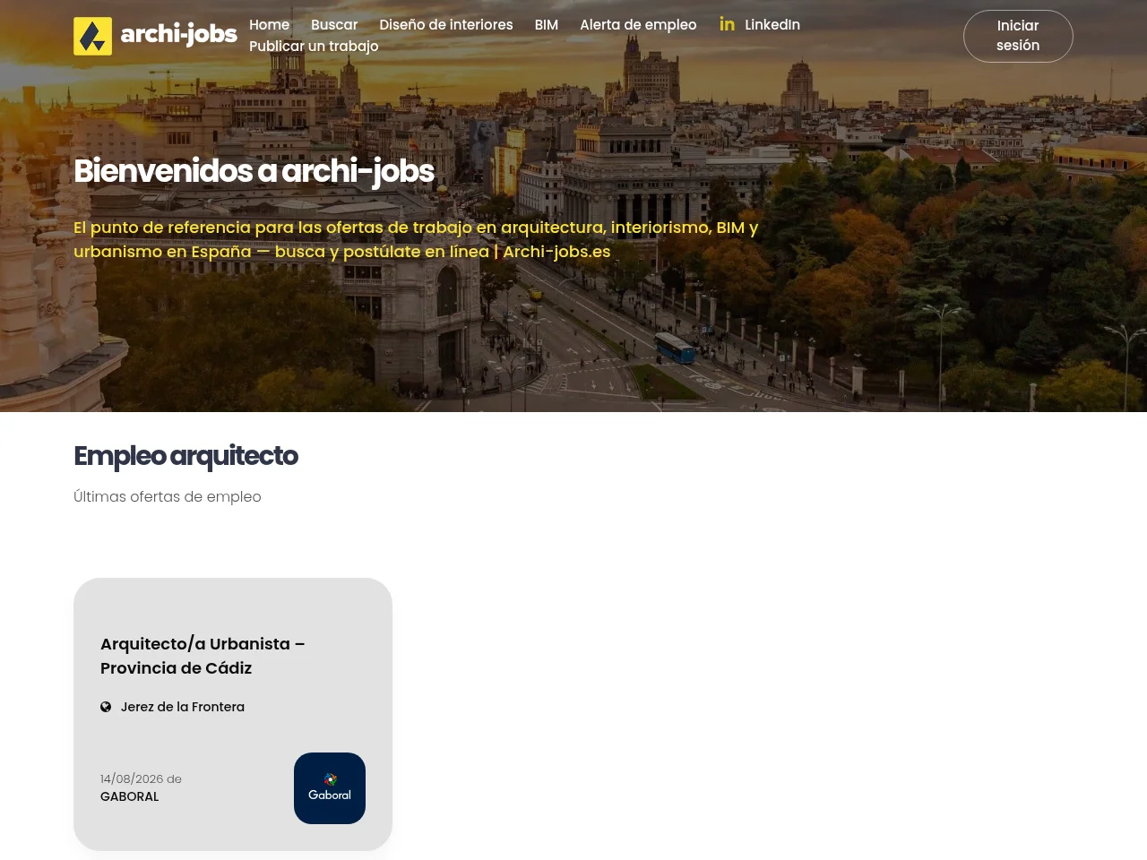 Archi-jobs.es job board platform screenshot showing job search interface