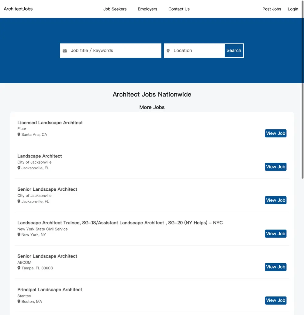 Architect Jobs job board platform screenshot showing job search interface