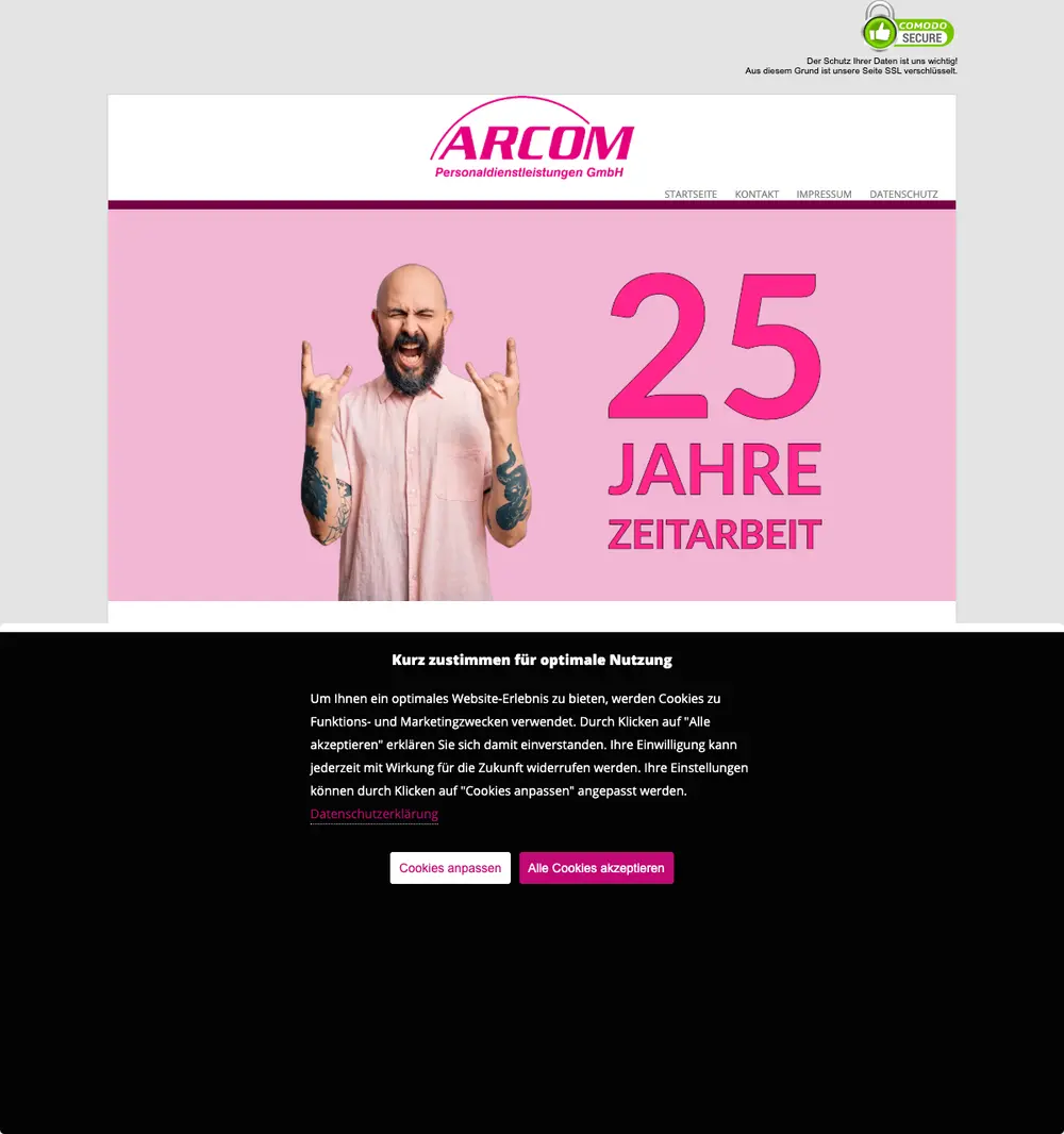 ARCOM Personaldienstleistungen job board platform screenshot showing job search interface