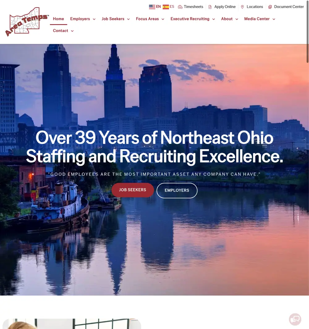 Area Temps job board platform screenshot showing job search interface