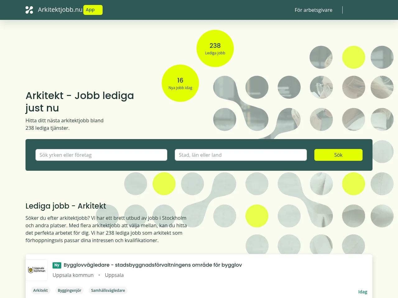 arkitektjobb.nu job board platform screenshot showing job search interface