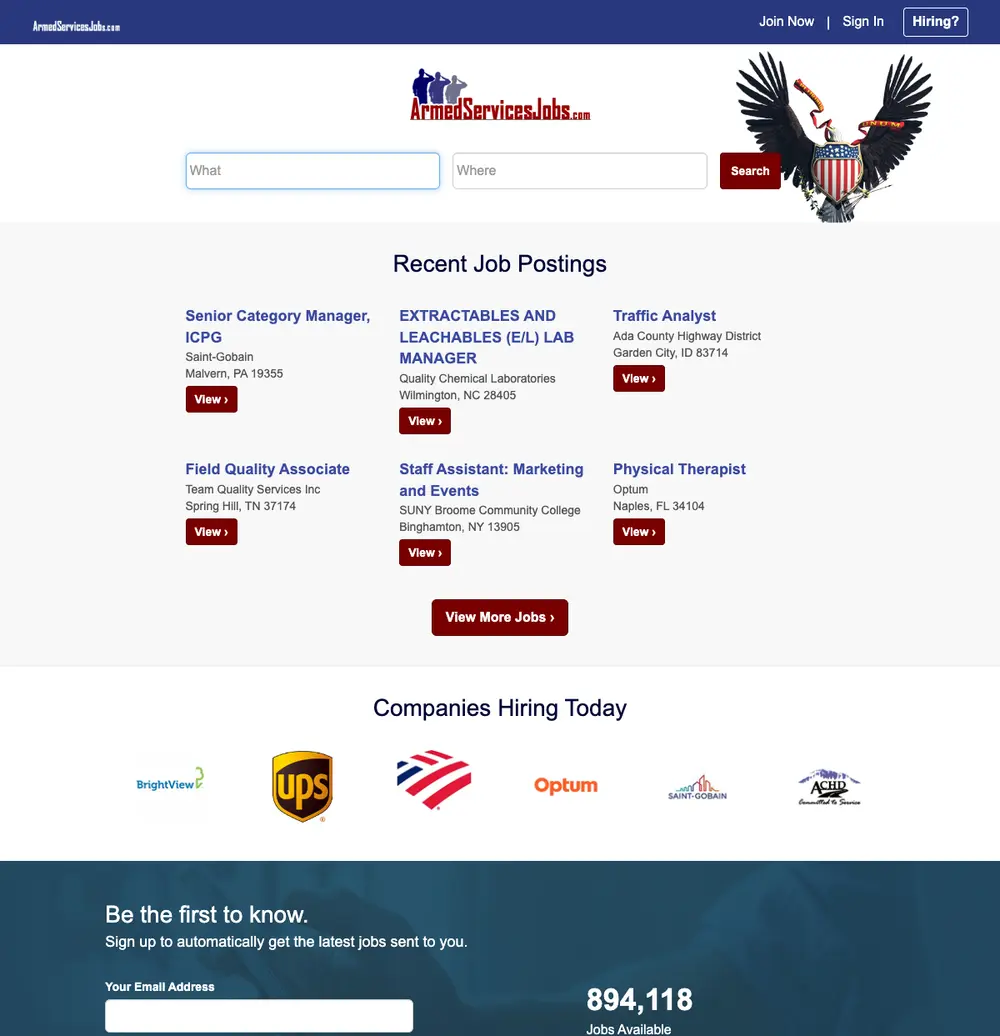 ArmedServicesJobs job board platform screenshot showing job search interface
