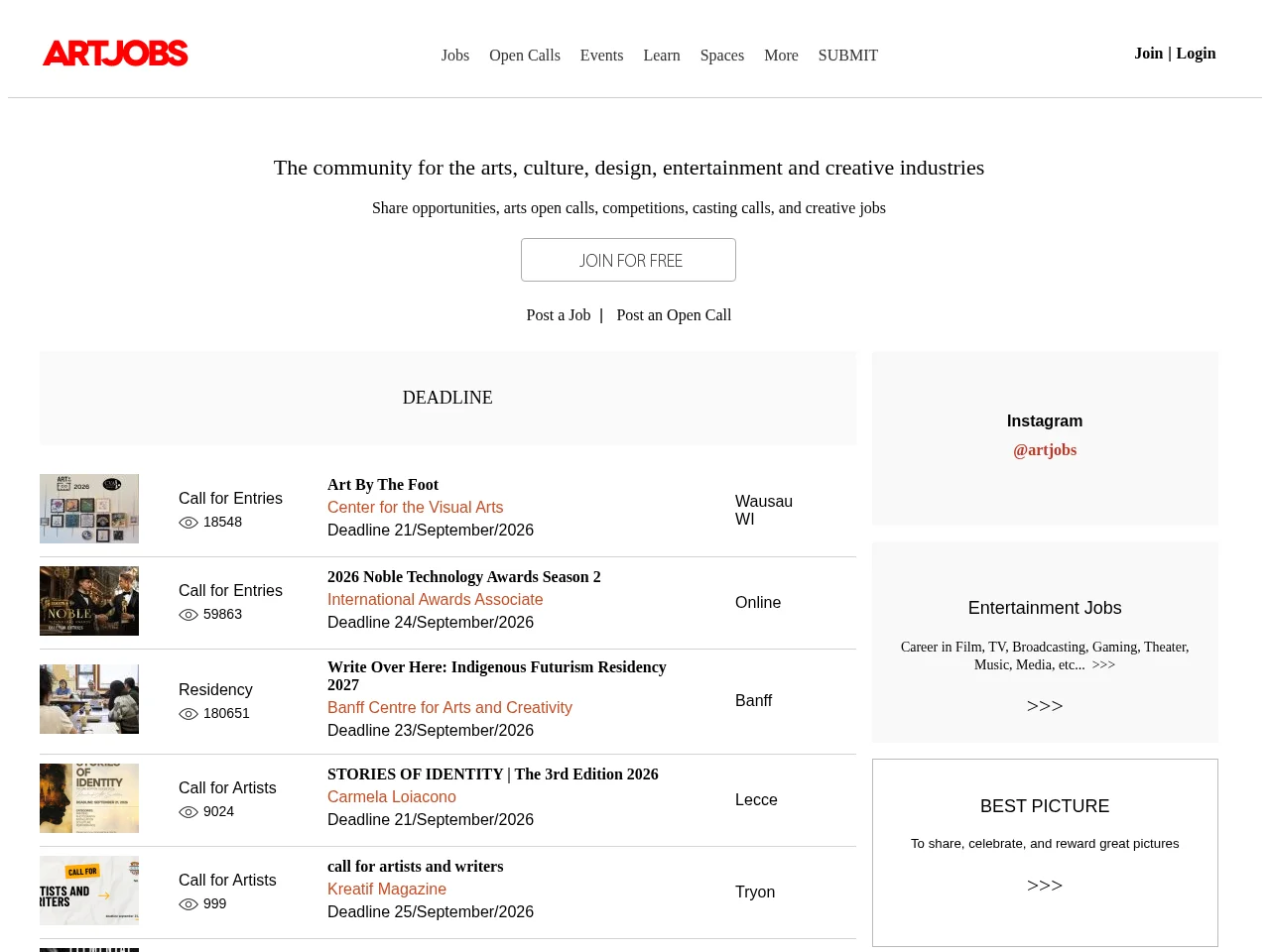 Art Jobs job board platform screenshot showing job search interface