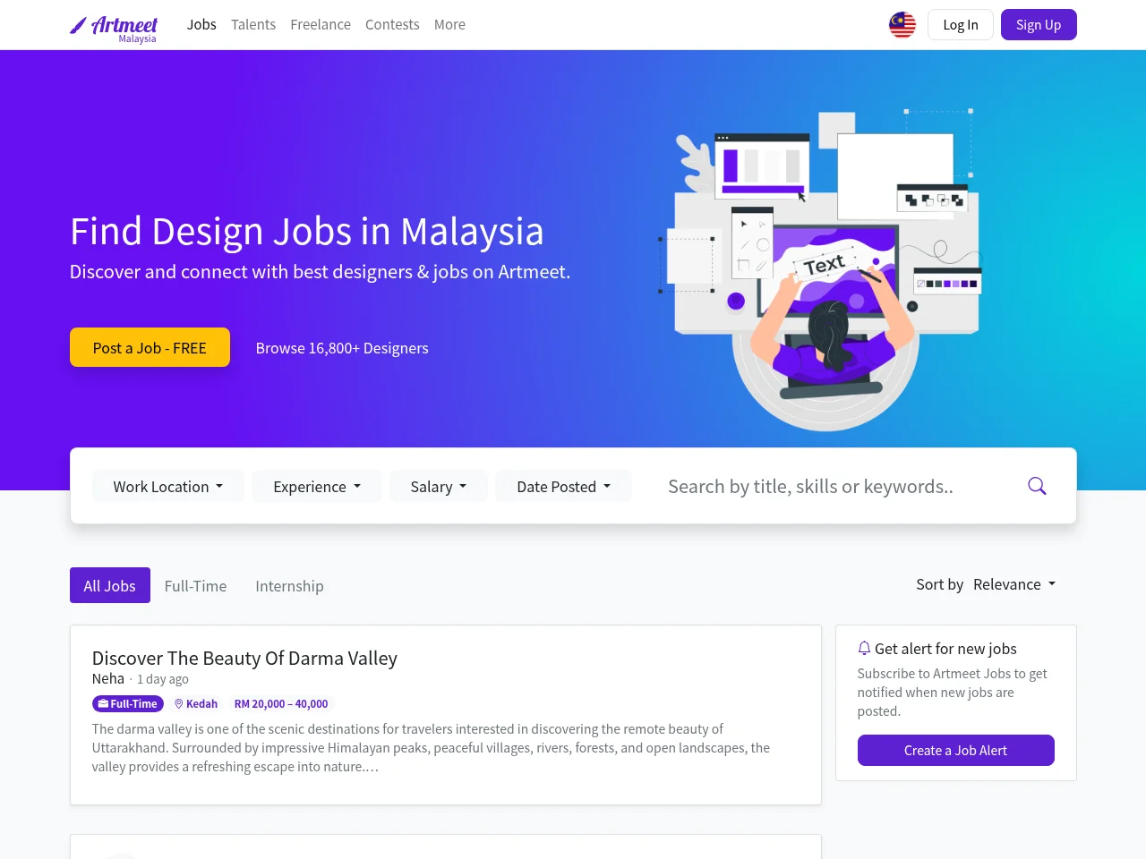 Artmeet job board platform screenshot showing job search interface