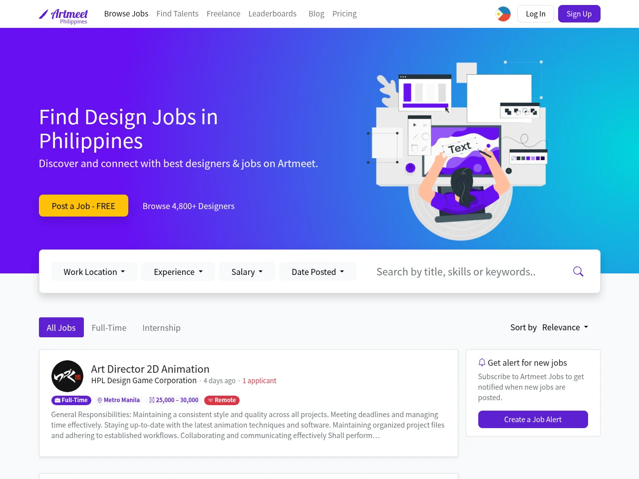 Artmeet job board platform screenshot showing job search interface