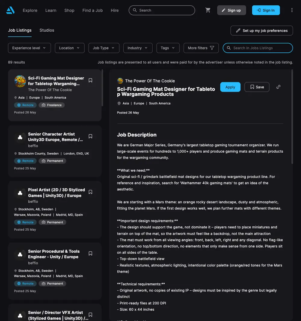ArtStation job board platform screenshot showing job search interface