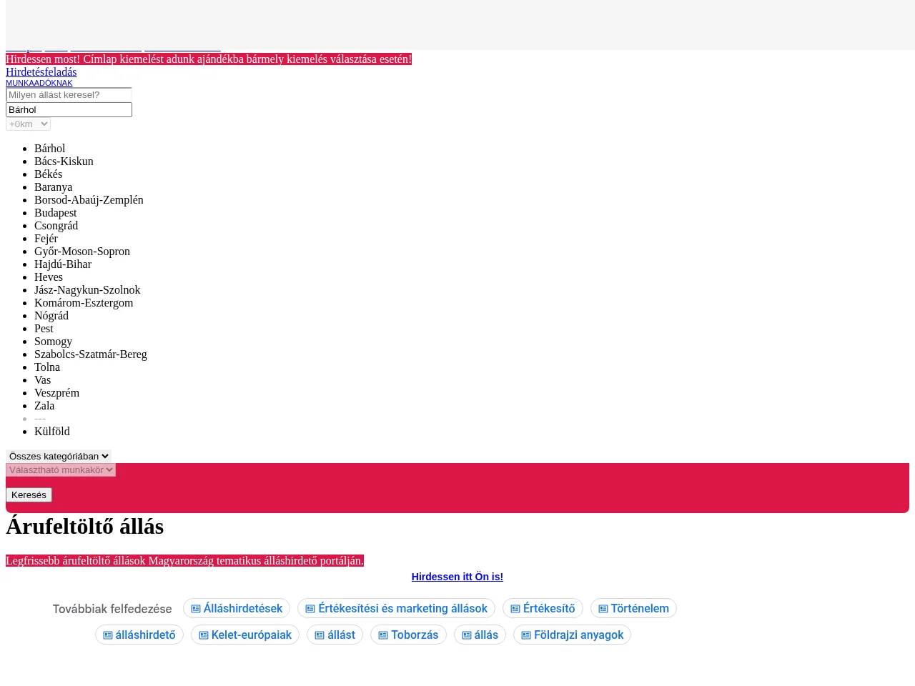 Árufeltöltőállás.hu job board platform screenshot showing job search interface