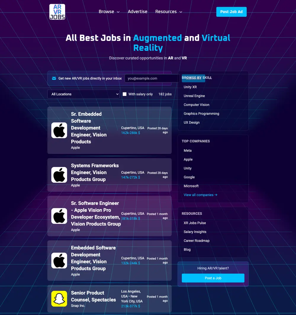AR/VR Jobs job board platform screenshot showing job search interface