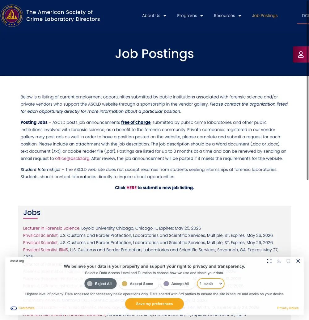 ASCLD Job Postings screenshot ASCLD Job Postings job board platform screenshot showing job search interface