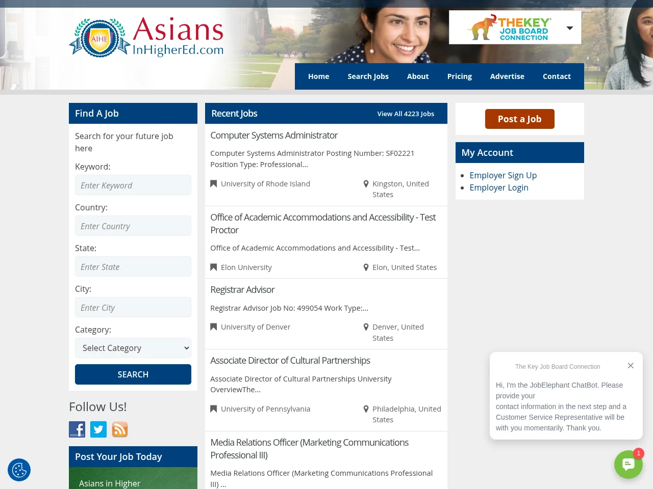 Asians in Higher Education job board platform screenshot showing job search interface