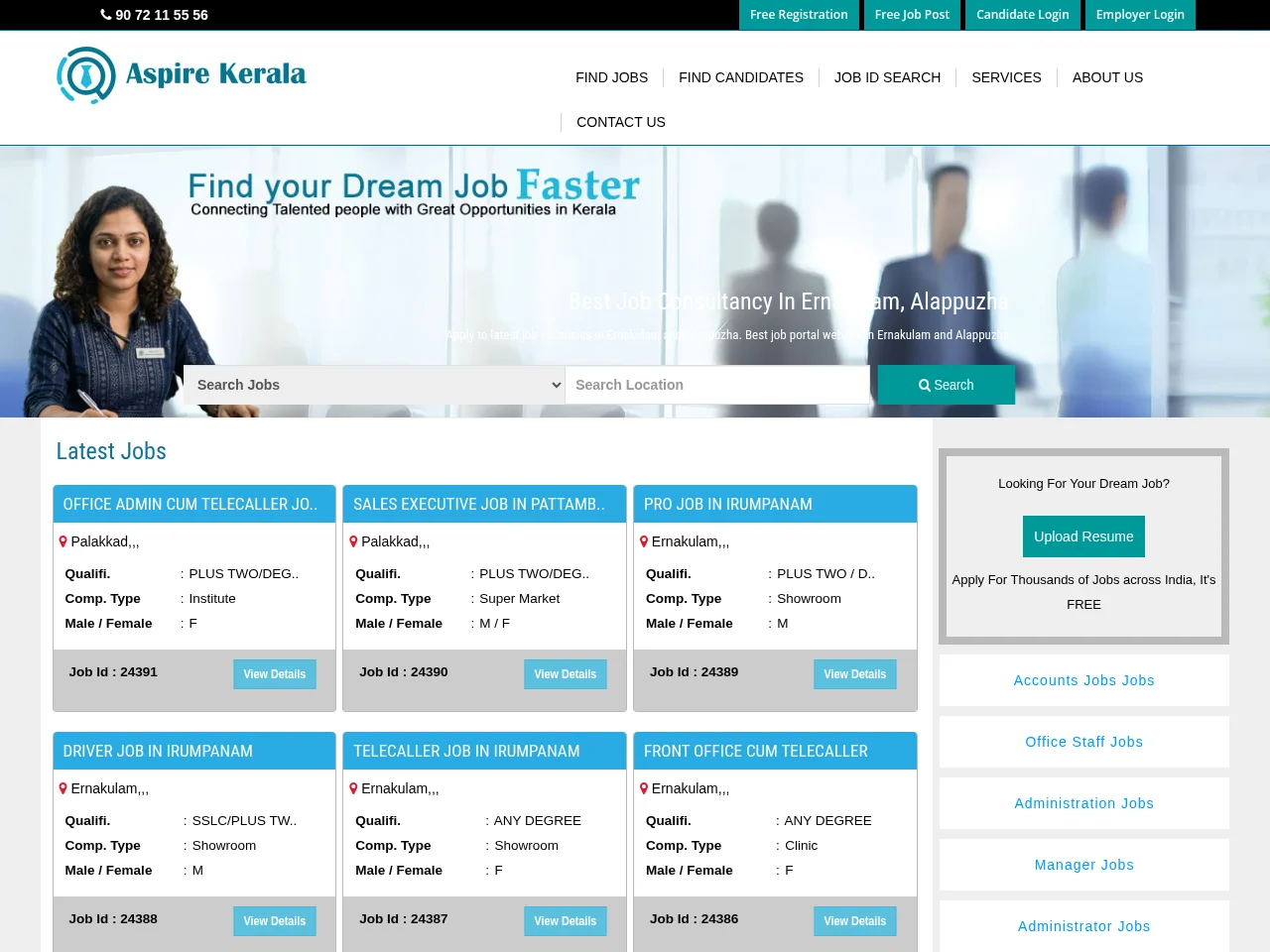 Aspire Kerala job board platform screenshot showing job search interface