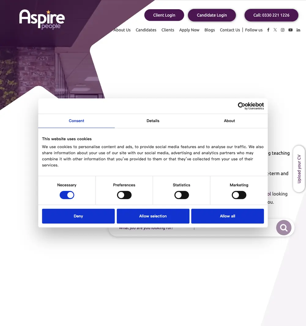 Aspire People job board platform screenshot showing job search interface