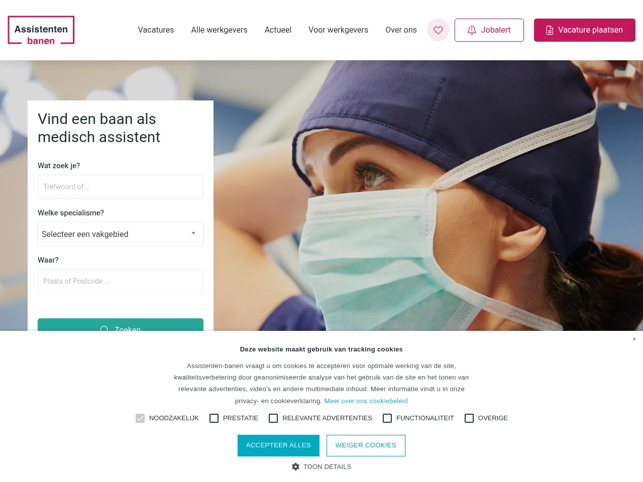 Assistenten-banen.nl job board platform screenshot showing job search interface