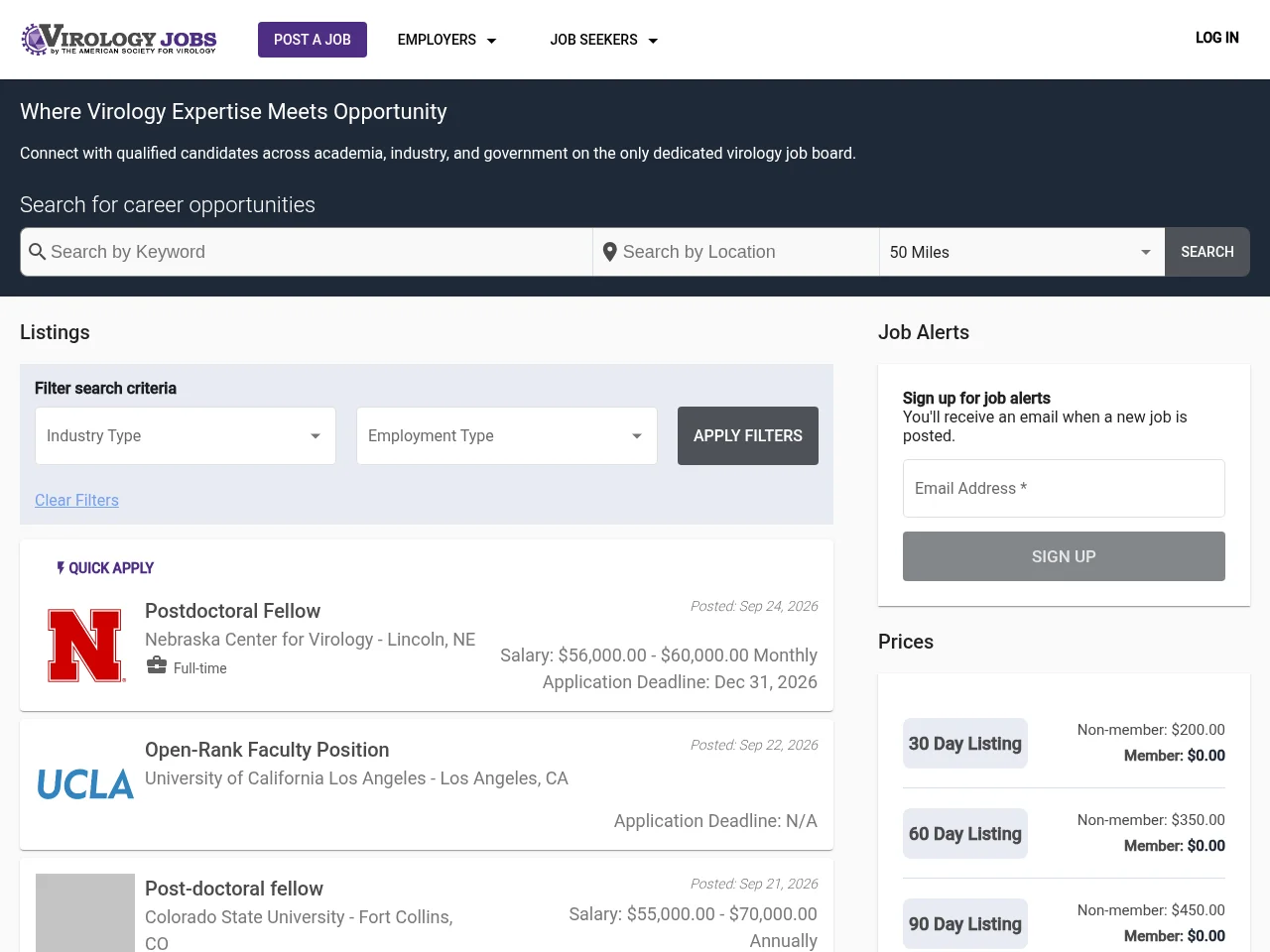 Virology Jobs by The American Society For Virology job board platform screenshot showing job search interface