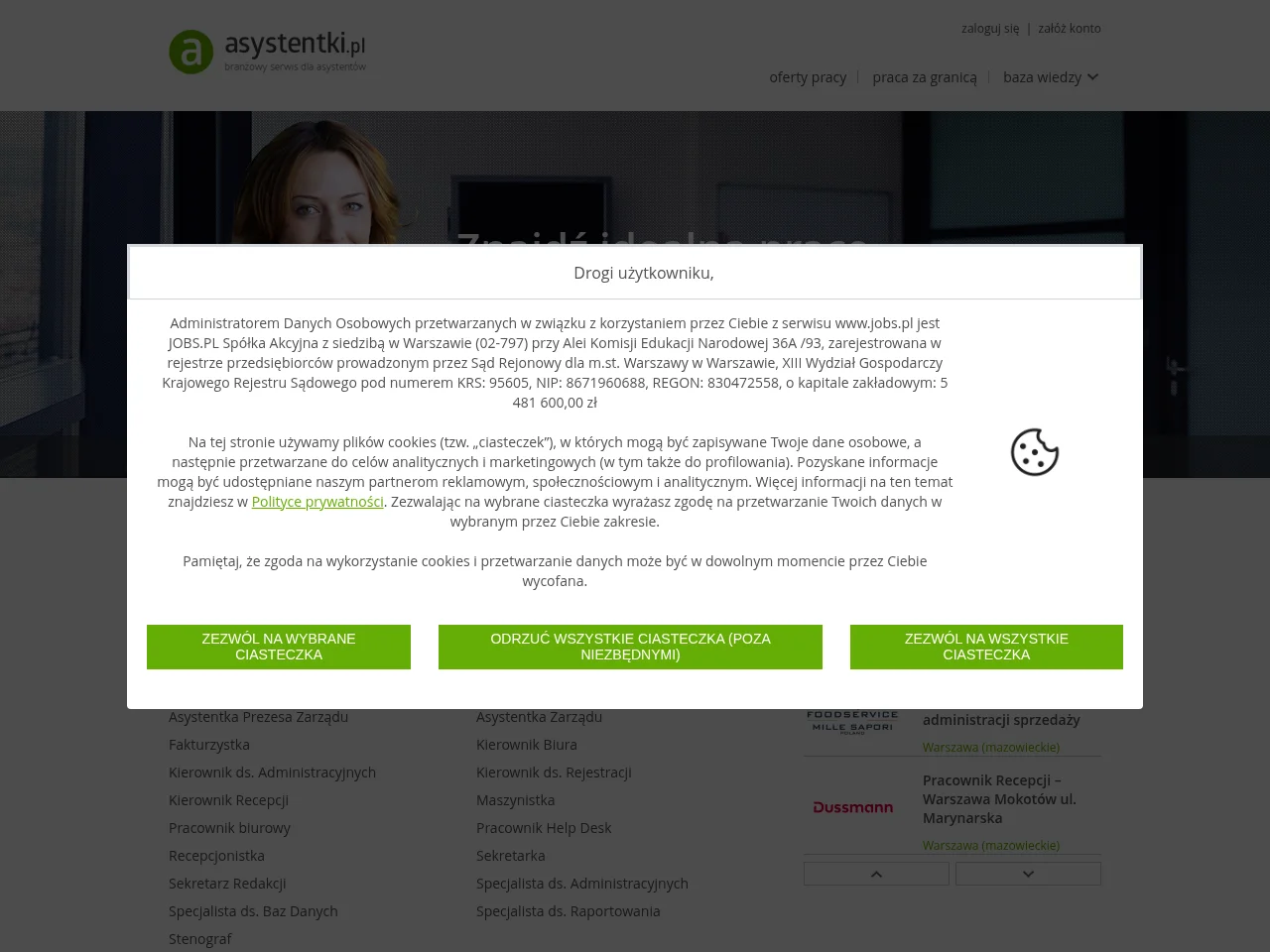 Asystentki.pl job board platform screenshot showing job search interface
