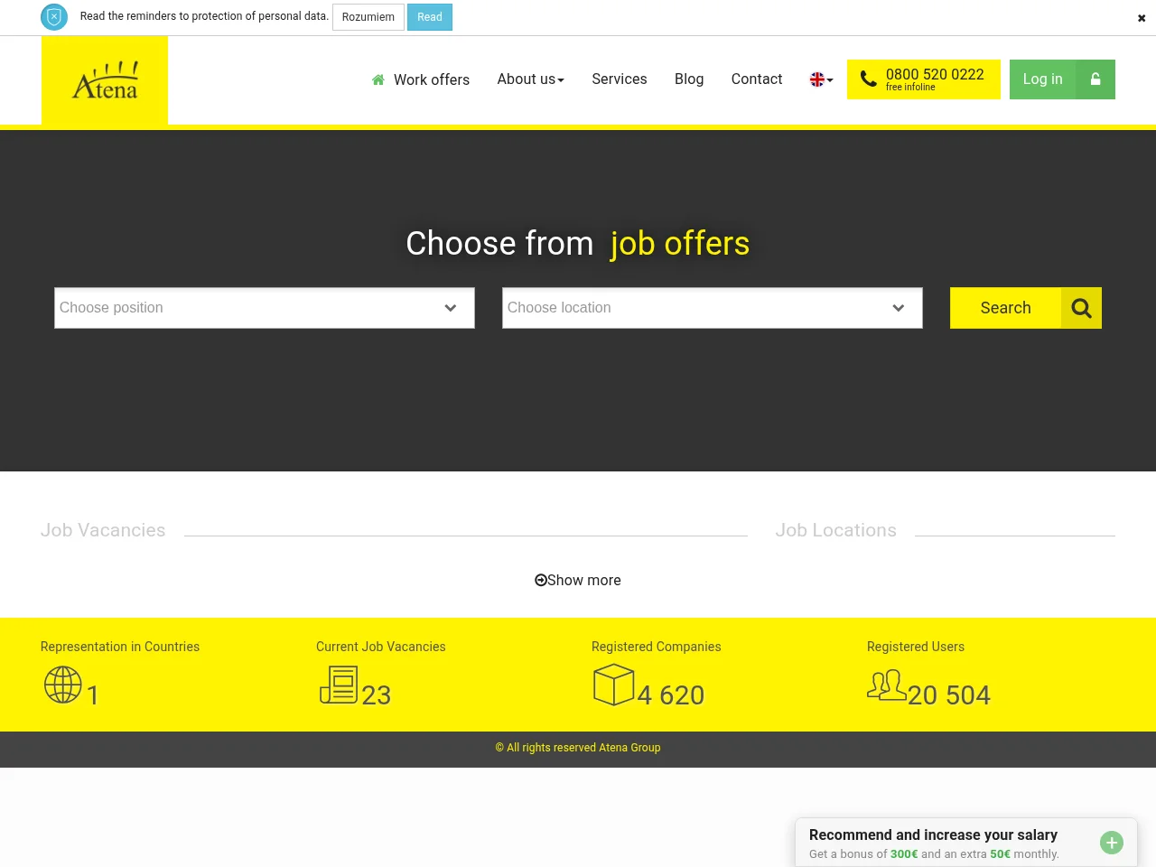Atena job board platform screenshot showing job search interface