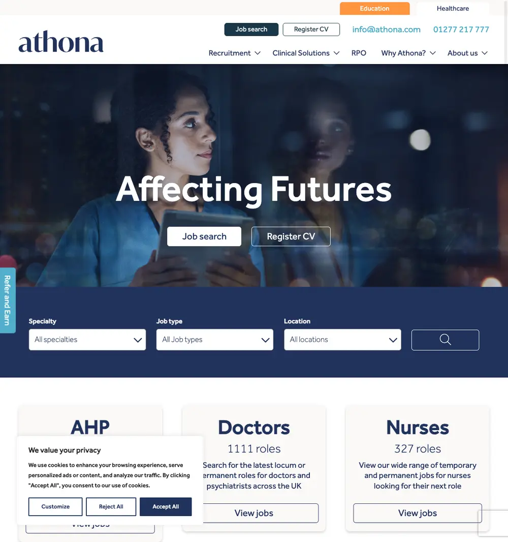 Athona job board platform screenshot showing job search interface