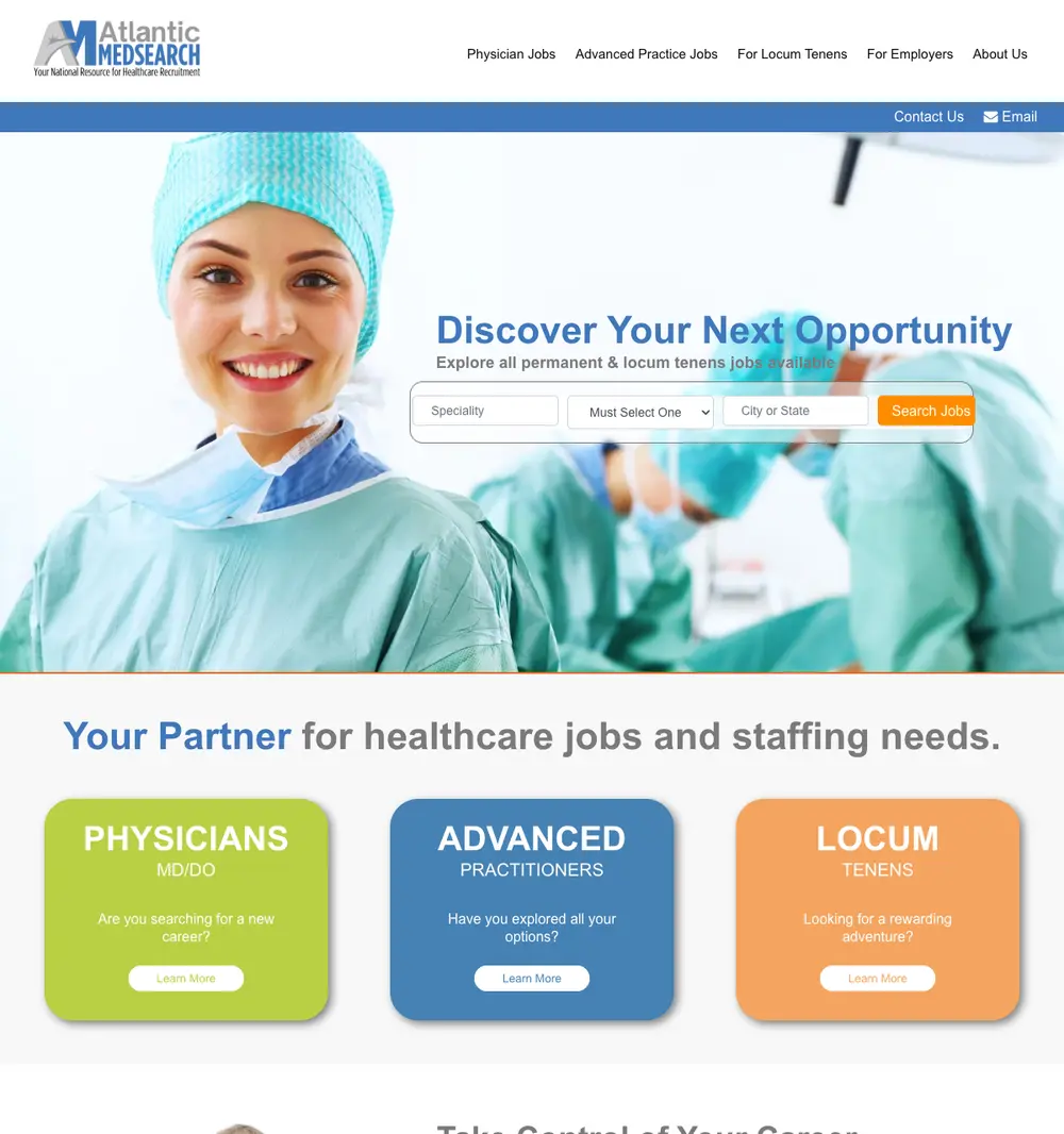Atlantic MEDsearch job board platform screenshot showing job search interface