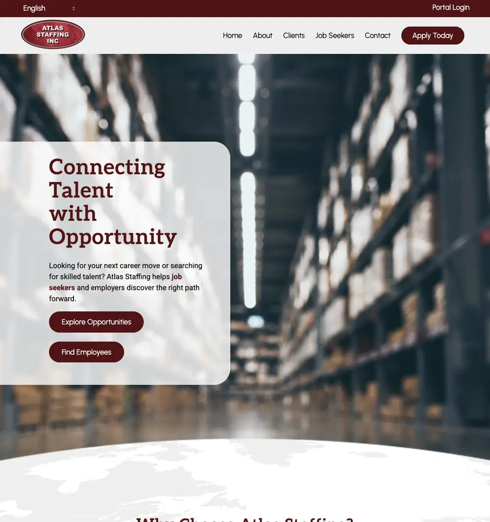 Atlas Staffing job board platform screenshot showing job search interface
