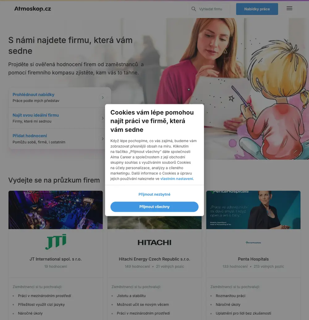 Atmoskop.cz job board platform screenshot showing job search interface