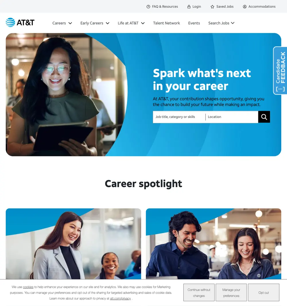 AT&T Careers job board platform screenshot showing job search interface