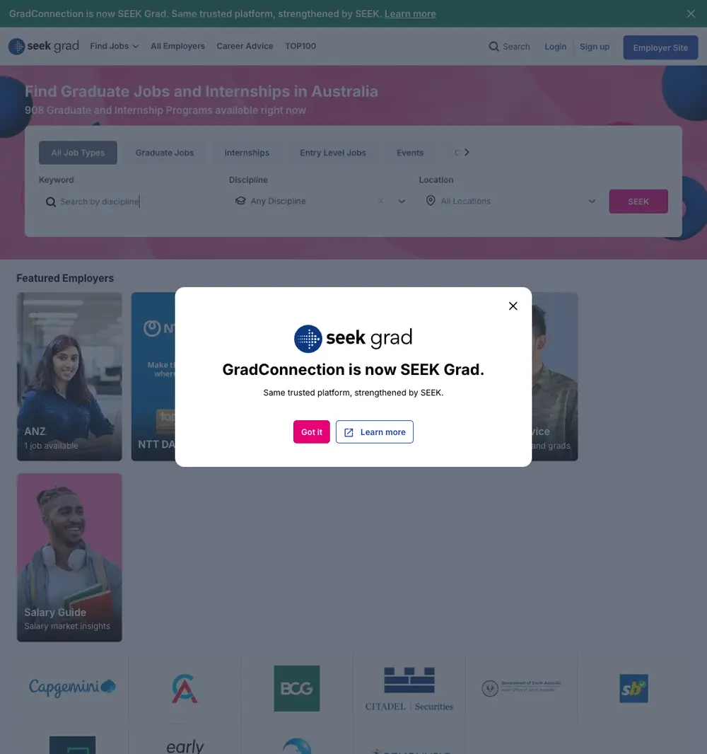 SEEK Grad (formerly GradConnection) job board platform screenshot showing job search interface