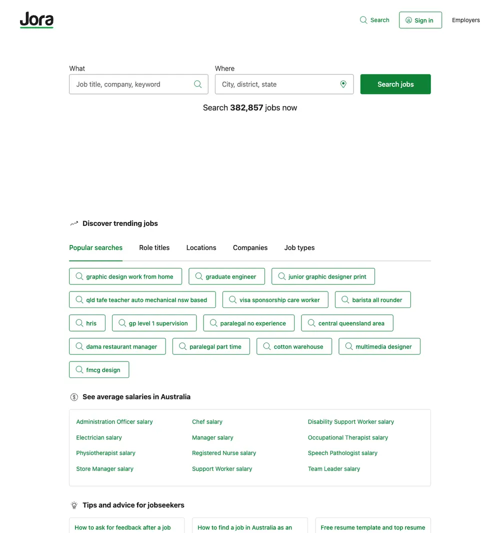 Jora job board platform screenshot showing job search interface