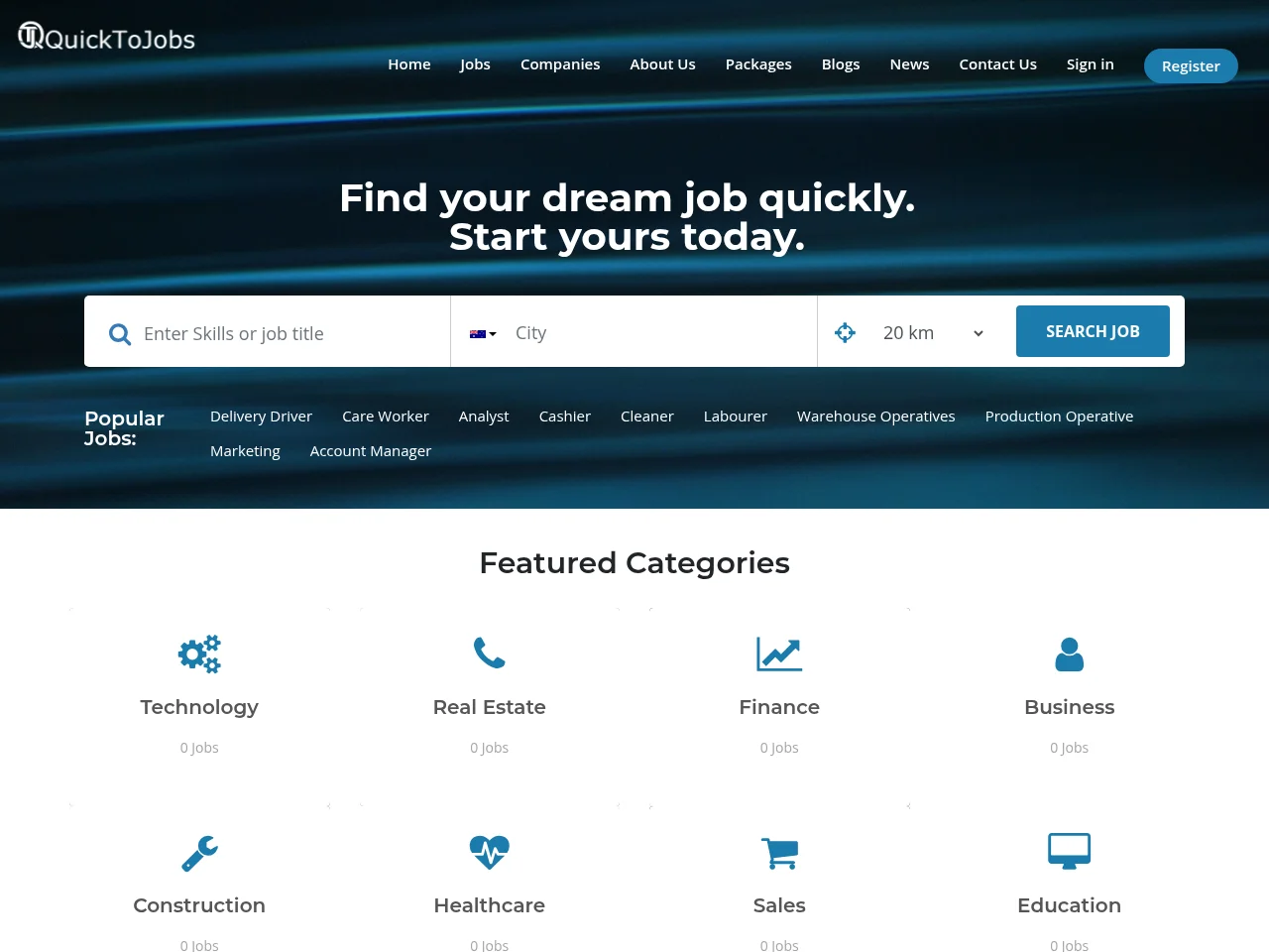 QuickToJobs Australia job board platform screenshot showing job search interface
