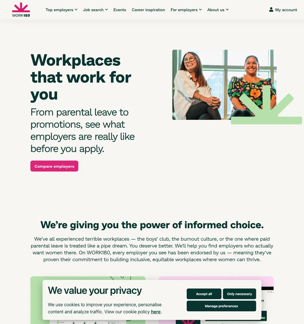 WORK180 job board platform screenshot showing job search interface