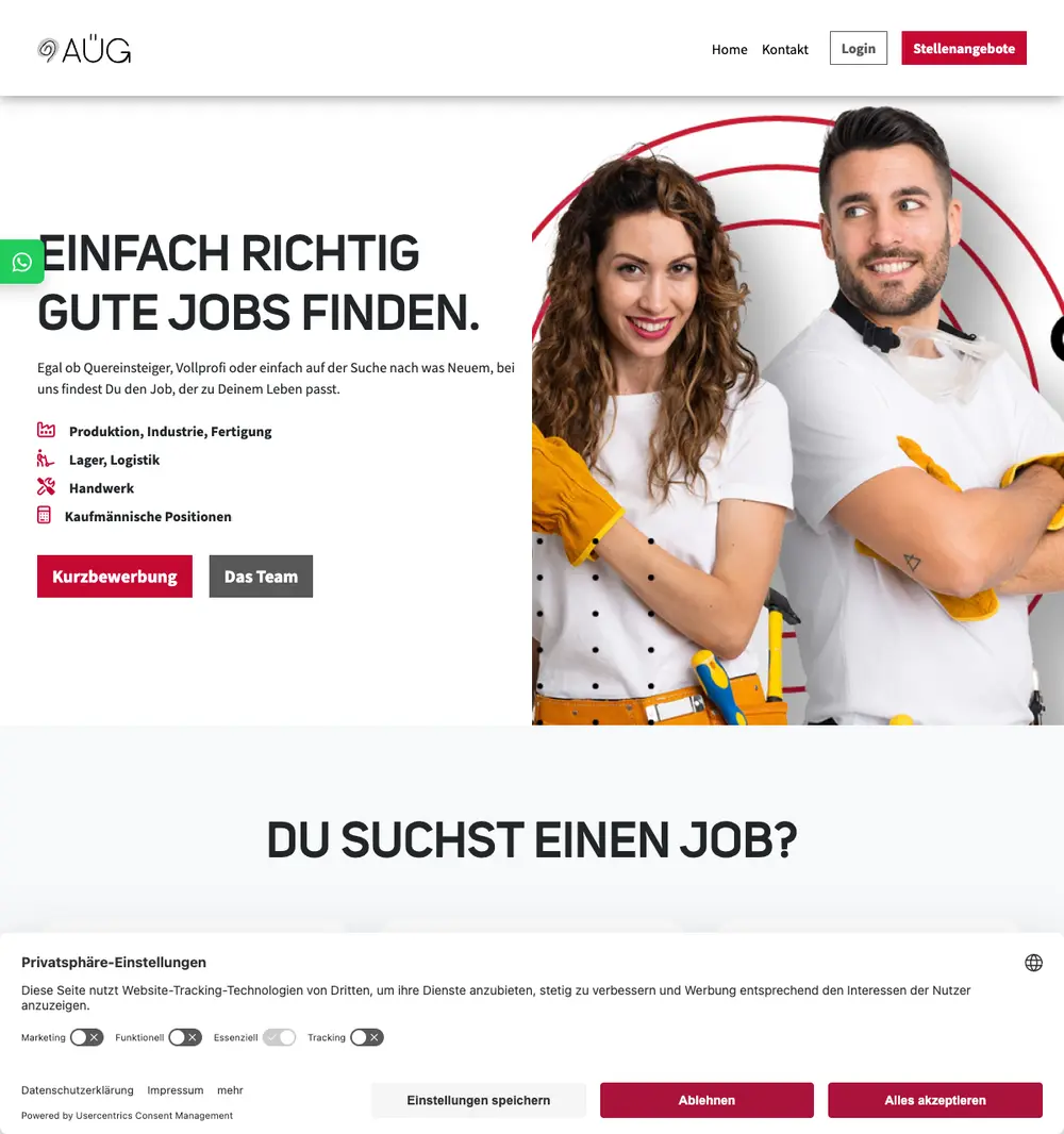 AÜG Personallösungen GmbH job board platform screenshot showing job search interface